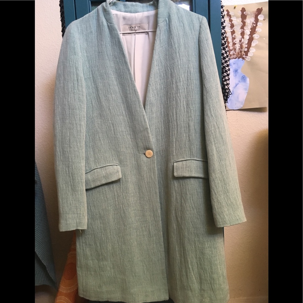 Zara Basic Outerwear Fall Blue Linen Pea Coat - image 1